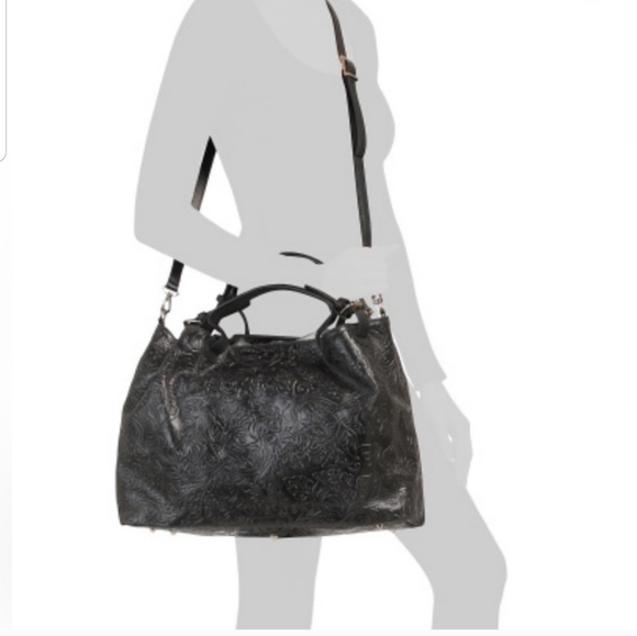 NWT 🇮🇹 Isadora Italian Black Tooled Floral Leather Large Satchel Tote Bag - Picture 3 of 13